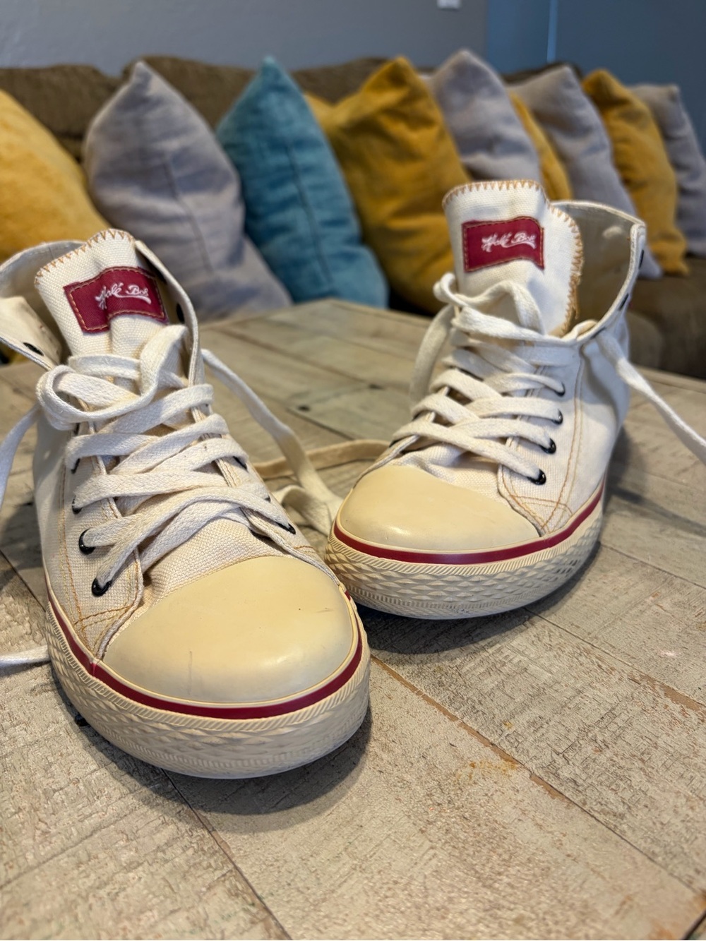 DEADSTOCK vintage! Hale Bob Cream High-Top Sneakers with Red Trim